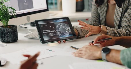 Aufkleber - Hands, tablet and workforce trends with employee people in office for education, meeting or planning. Collaboration, development and infographic on screen with business group in workplace together