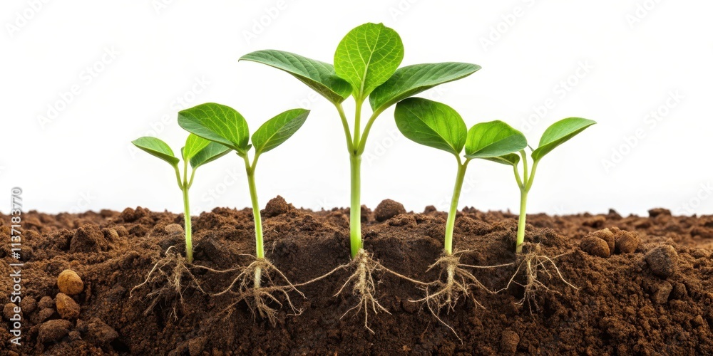 Green soybean plant growing well with roots in soil isolated on ...