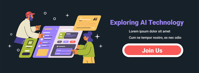 Poster - exploring ai technology concept with people interacting with ai interfaces dark background futuristi
