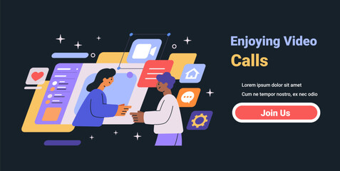 Poster - Video call interaction concept with two people engaging through digital interface surrounded by icons colorful elements on dark background website banner