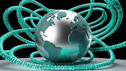 Poster - conceptual AI globe with swirling binary code streams symbolizes data driven global intelligence, showcasing fusion of technology and information