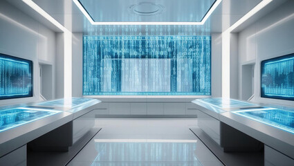 Poster - futuristic control room with holographic displays and flowing binary code creates high tech atmosphere. sleek design enhances immersive experience