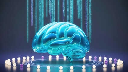 Poster - futuristic holographic brain with cascading binary code streams, surrounded by glowing data points a