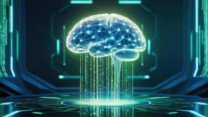 Poster - glowing AI brain made of interconnected nodes with streams of binary code cascading like waterfalls in futuristic digital space, symbolizing advanced technology and intelligence