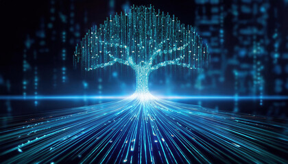 Aufkleber - conceptual digital tree made of glowing binary code streams, symbolizing AI growth and innovation. vibrant blue colors create futuristic atmosphere