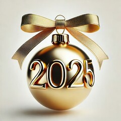 Wall Mural - A gold bauble decorated with the number 2025 and a gold ribbon. Its a luxurious, festive image perfect for New Years greetings and holiday celebrations.