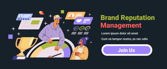 Poster - Brand reputation management concept with people trophy and rating icons dark background website banner