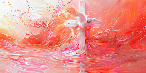 Poster - dove, cross, and coral liquid abstract
