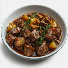 Savory wild boar ragout stew with tender meat potatoes in a rustic bowl warm comforting dish photography