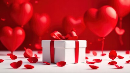 Wall Mural - close-up of a white gift box on a middle with a red ribbon standing on a white background, pink petals everywhere, blurred red background with red heart-shaped balloons