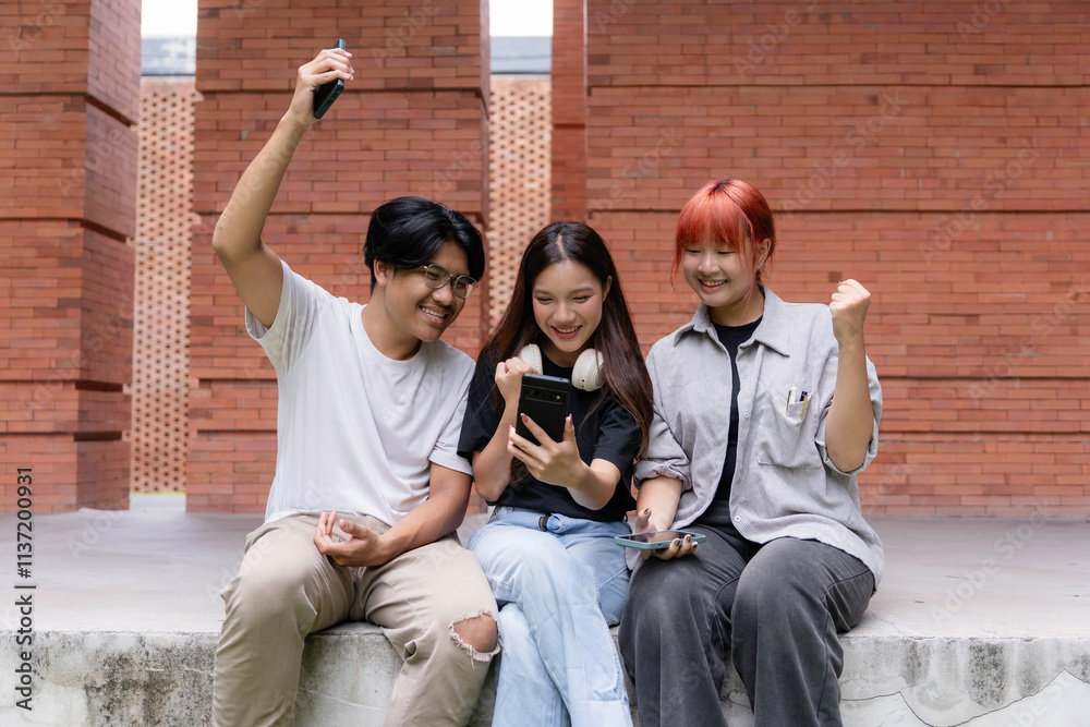 Group of cheerful students expressing excitement while using mobile ...