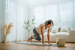 © Monster Ztudio - Young Asian woman doing sport exercises indoor. Beautiful girl workout at home. Athletic outfit is doing mountain climber exercises