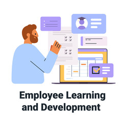 Poster - employee learning and development concept illustrated with a person interacting with digital trainin
