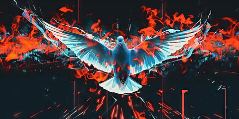 Poster - Digital Artwork: Pigeon in Flight with Abstract Flames and Geometric Lines
