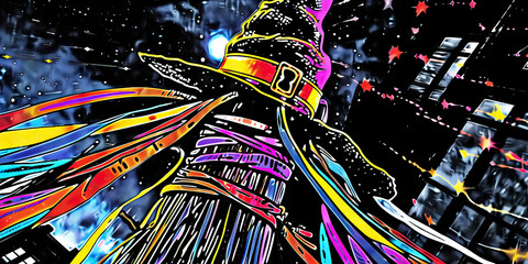 Poster - Stylized Witch's Hat and Broomstick with Cosmic Background