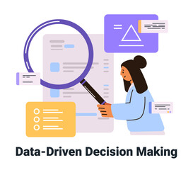 Poster - Data-Driven Decision Making concept analysis woman examining charts documents magnifying glass colorful elements digital design template