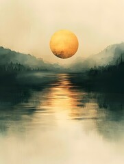 Wall Mural - A serene landscape featuring a golden sun setting over a tranquil lake, surrounded by hazy mountains. The soft colors create a peaceful, dreamlike atmosphere.