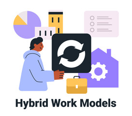 Poster - Hybrid work models concept with person holding sync icon buildings pie chart gear briefcase home office elements flat design