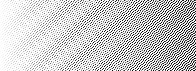Poster - Wavy line geometric gradient pattern. Fading wave halftone gradation. Black and white curved stripe texture wallpaper. Thin to thick strike background for overlay, print, cover, graphic design. Vector