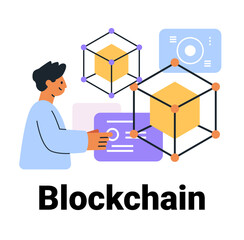 Poster - Blockchain technology concept with person interacting digital cubes futuristic design elements colorful geometric shapes website banner