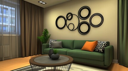 Wall Mural - Modern living room with green sofa, circular wall art, and brown curtains.