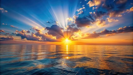 Wall Mural - Calm sunset over the sea with sun rays shining on the water  render , sunset, sea, calm, peaceful, tranquil, horizon, dusk, sun