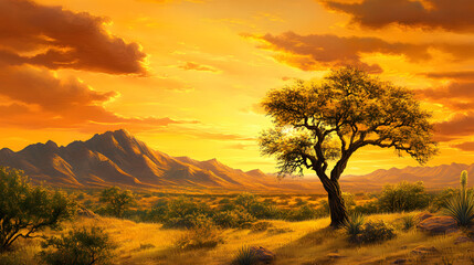 Poster - A beautiful sunset landscape featuring a solitary tree, mountains in the background, and a warm golden sky, evoking tranquility and natural beauty