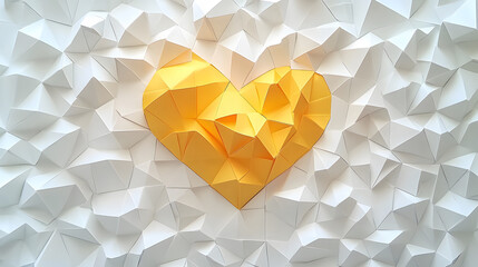 Poster - A vibrant yellow origami heart stands out against a textured white background, showcasing creativity and artistry