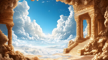 Aufkleber - A surreal landscape with ethereal clouds and ornate structures, creating a dreamlike and heavenly atmosphere