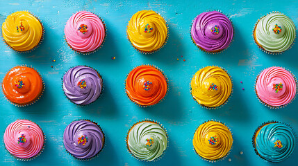 Wall Mural - Cupcakes with neon-colored frosting and rainb