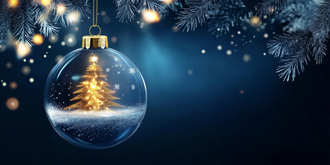 Poster - Christmas tree shining inside glass ball ornament hanging from snowy pine branches