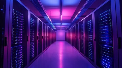 Poster - Rows of illuminated server racks in a data center. Perfect for tech, network, and digital concepts.