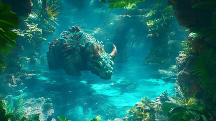 Poster - A vibrant underwater scene featuring a large creature amidst lush greenery and clear blue water, creating a mystical atmosphere