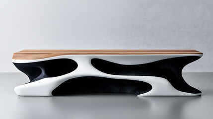 Poster - A modern bench featuring a sleek design with a wooden top and a unique black and white base, blending contemporary style with artistic flair