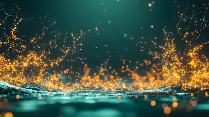 Poster - A mesmerizing splash of water illuminated with golden sparks against a serene blue backdrop creates a stunning visual effect