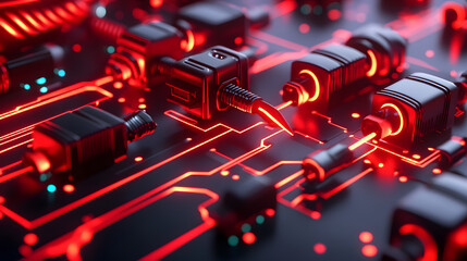 Poster - A close-up view of a circuit board featuring glowing red lines and connectors, showcasing intricate electronic components and modern technological design