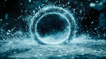Poster - A circular splash of water creates a dynamic scene, capturing the motion and beauty of droplets in an artistic display against a dark background
