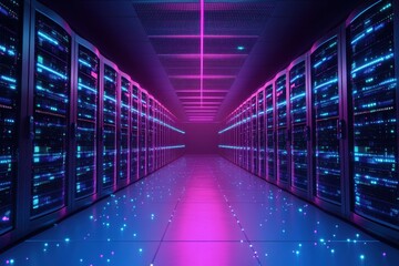 Poster - Neon-lit server room; rows of data storage units. Illustrates data centers, technology, and computing power.