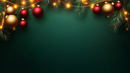 Wall Mural - Christmas ornaments and lights hanging over dark green background