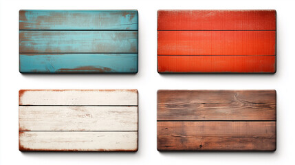 Poster - Four empty wooden signs with different colors and textures hanging on white background