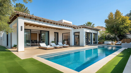 Poster - Modern luxury villa featuring swimming pool and lush green lawn