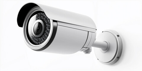 Poster - Modern security camera mounted on white wall providing surveillance