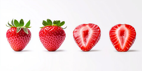 Poster - Two whole strawberries and two halves on white background showing their fresh red inside