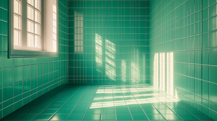Aufkleber - Sunlight illuminating empty green tiled room with window
