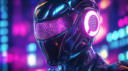 Poster - Futuristic robot wearing helmet with glowing visor in cyberpunk city