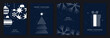 © TWINS DESIGN STUDIO - Merry Christmas and Happy New Year greeting card vector set. Luxury invitation with Christmas tree, bauble, gift, spot texture on navy blue background. Design illustration for season's card, ads.