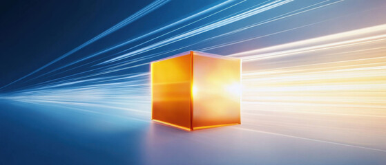 Wall Mural - glowing orange cube surrounded by dynamic light beams creates sense of energy and movement. vibrant colors and abstract design evoke futuristic atmosphere