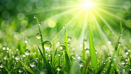 Wall Mural - Defocused green natural background with sunlight reflecting in dew drops , Defocus, light, green, natural, background