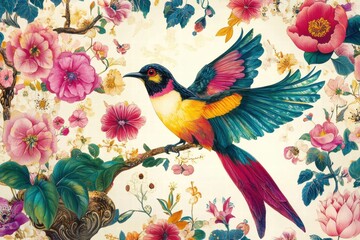 Naklejka na meble Vibrant Bird Amongst Blooming Flowers