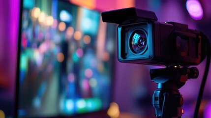 Poster - A zoomed-in view of a webcam mounted on top of a monitor, capturing a professional angle